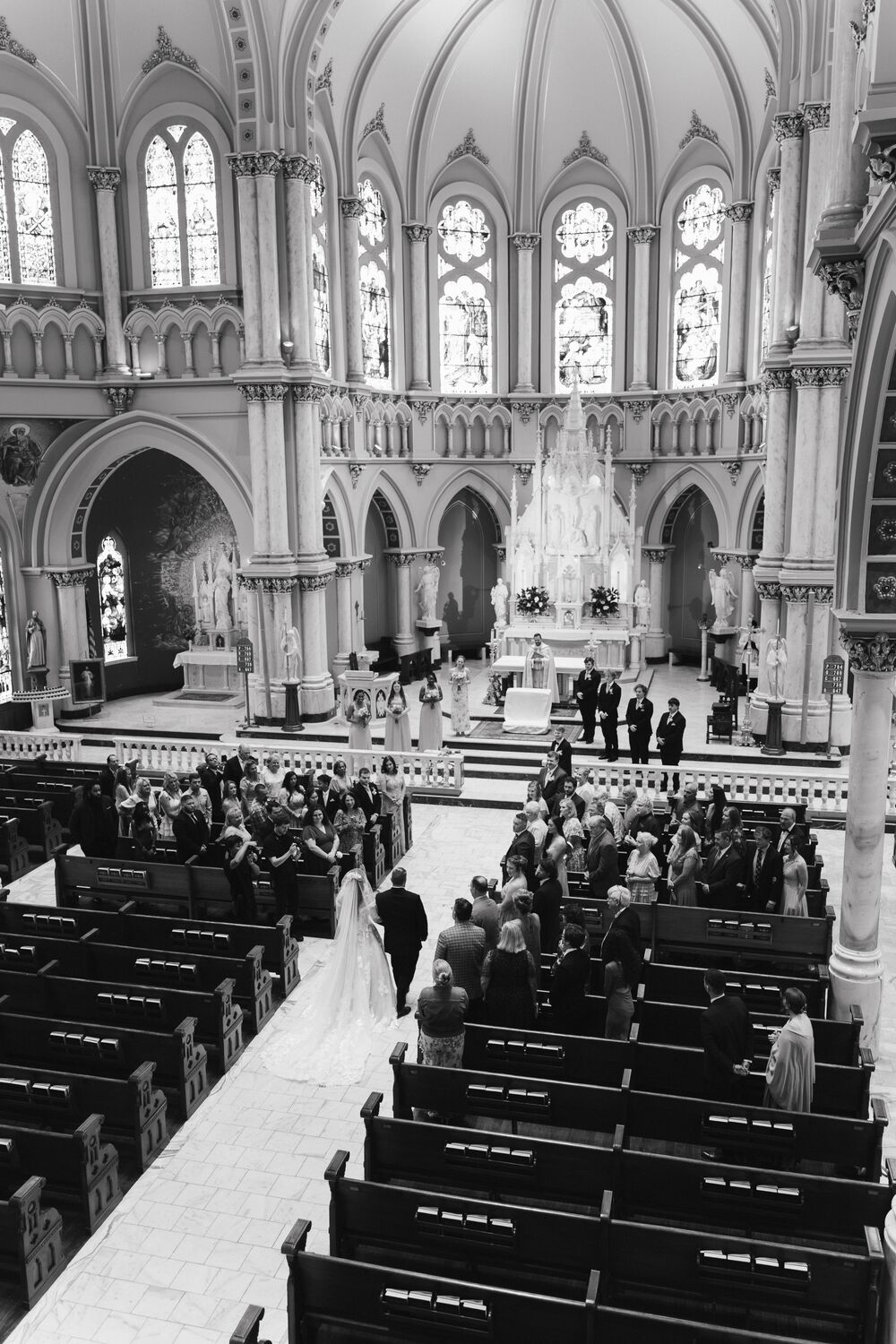 The cathedral nave in black and white as the ceremony begins