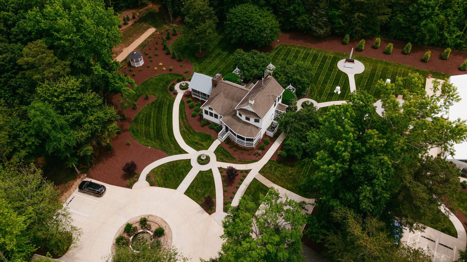 An aerial view of Covington Gardens and the estate grounds