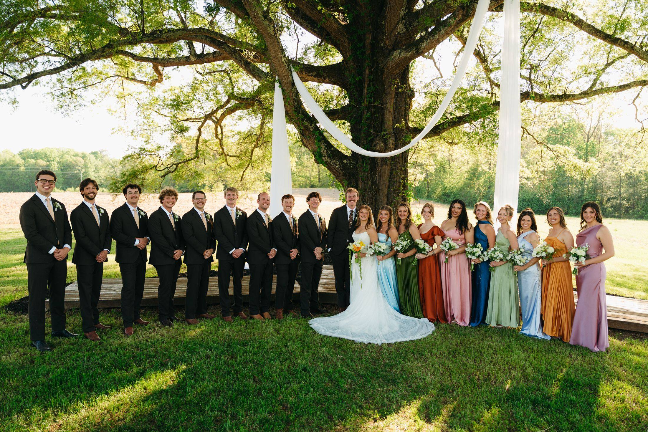The wedding party celebrating beneath the oak tree